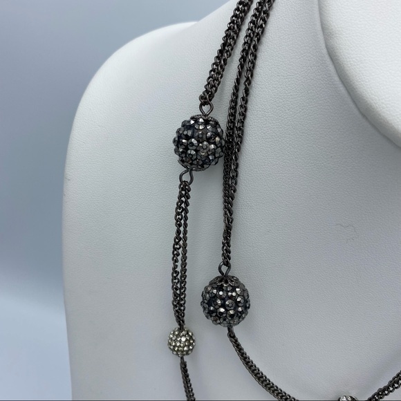Double Chain Sparkly Beaded Gunmetal Silver Tone Long Strand Necklace - Picture 7 of 11